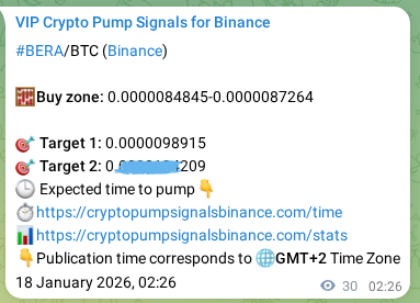 Proof of BERA pump signal on Binance at 18 January 2026, 03:16