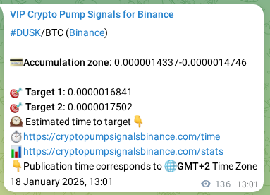 Binance trading signal proof for DUSK pump, 18 January 2026, 16:24