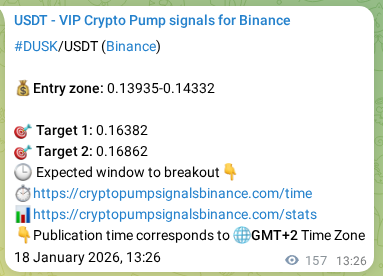 Signal proof for DUSK pump on Binance at 18 January 2026, 17:08