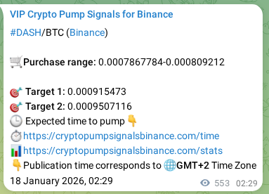 Trading signal proof: DASH pump from Binance, 18 January 2026, 17:50