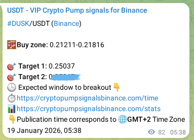 Binance trading signal proof for DUSK pump, 19 January 2026, 07:35