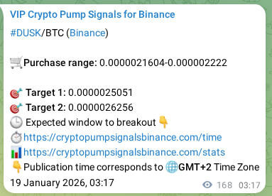 Binance trading signal proof for DUSK pump, 19 January 2026, 07:36