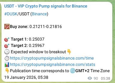 Signal verification: DUSK pump on Binance at 19 January 2026, 07:49