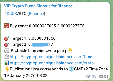 Trading signal proof: DUSK pump from Binance, 19 January 2026, 08:03