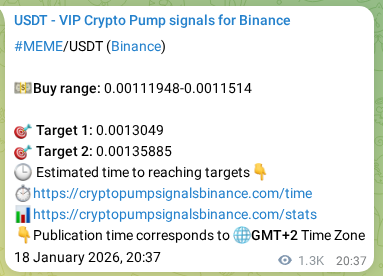 Binance trading signal proof for MEME pump, 20 January 2026, 07:49