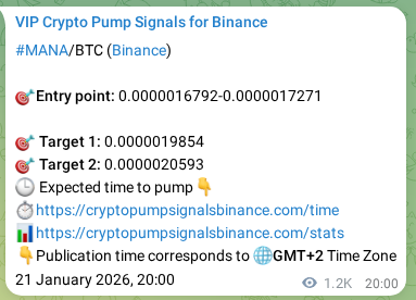 Crypto pump signal proof: Verify MANA on Binance, 23 January 2026, 06:26 Crypto pump signal proof: MANA on Binance, 23 January 2026, 06:26