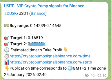 Crypto pump signal proof: Verify DUSK on Binance, 25 January 2026, 03:47 Crypto pump signal proof: DUSK on Binance, 25 January 2026, 03:47