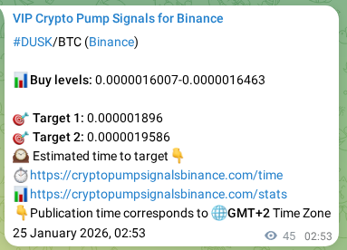 Binance pump signal proof for DUSK on 25 January 2026, 03:55