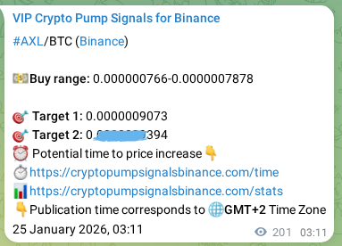 Binance trading signal proof for AXL pump, 25 January 2026, 08:44