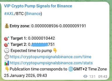 Trading signal proof: AXL pump from Binance, 25 January 2026, 13:03