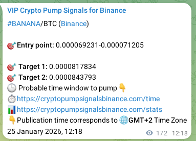 Binance pump signal data for BANANA at 25 January 2026, 17:03