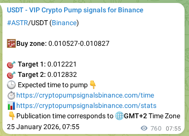 Crypto pump signal proof: ASTR on Binance, 26 January 2026, 05:01