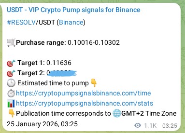 Trading signal proof: RESOLV pump from Binance, 26 January 2026, 08:53