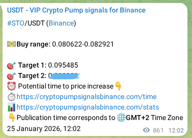 Crypto trading signal proof: STO pump on Binance, 26 January 2026, 11:05