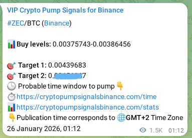 Binance trading signal proof for ZEC pump, 27 January 2026, 18:04