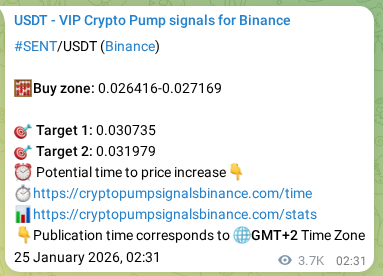 Binance pump signal proof for SENT on 29 January 2026, 10:36