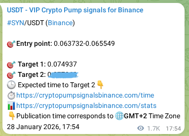 Binance pump signal proof for SYN on 30 January 2026, 16:25