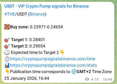 Binance pump signal data for THE at 30 January 2026, 20:47