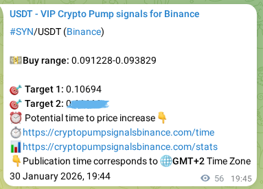Real-time proof of SYN pump signal on Binance, 30 January 2026, 20:54