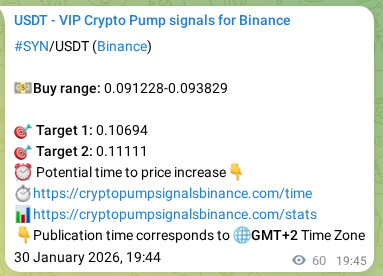 Crypto trading signal proof: SYN pump on Binance, 30 January 2026, 21:00