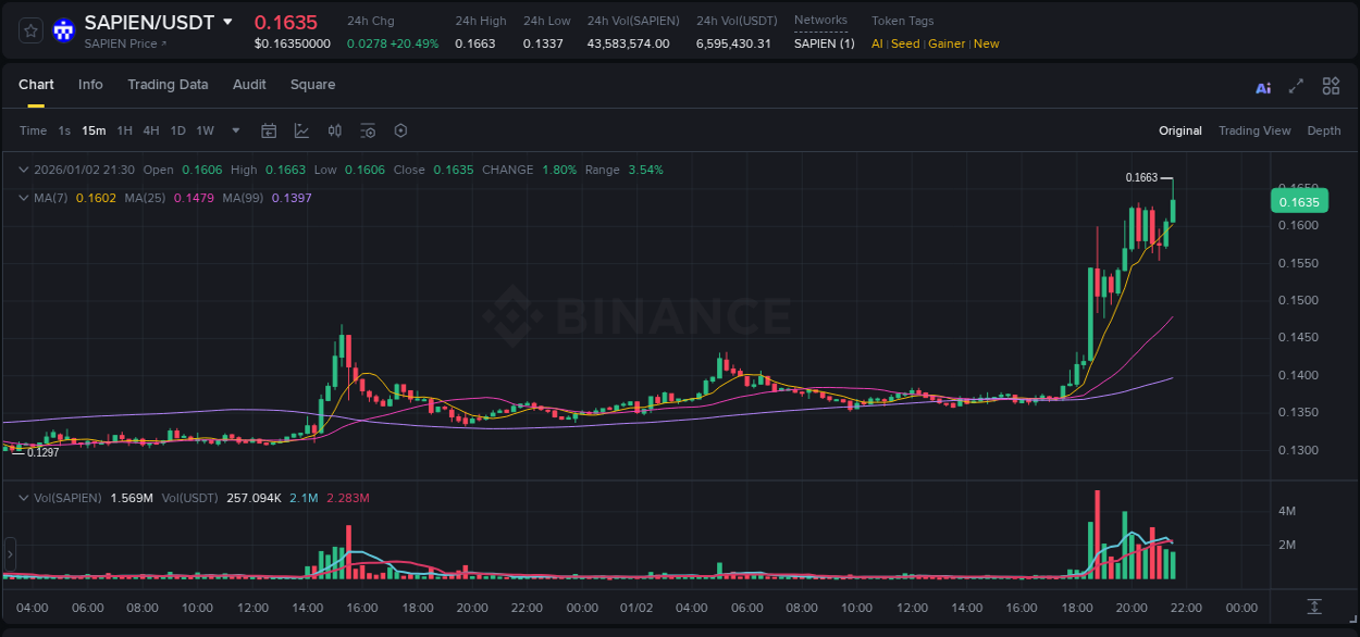 Crypto market update: SAPIEN pump on Binance, 02 January 2026, 21:32