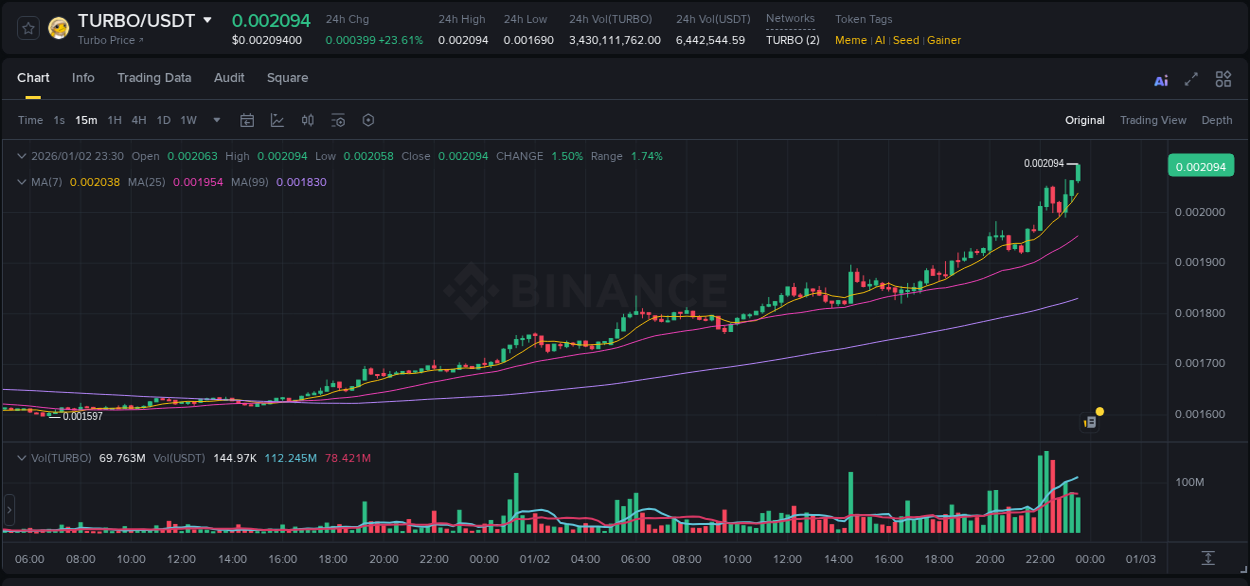 Real-time report of TURBO pump on Binance, 02 January 2026, 23:33