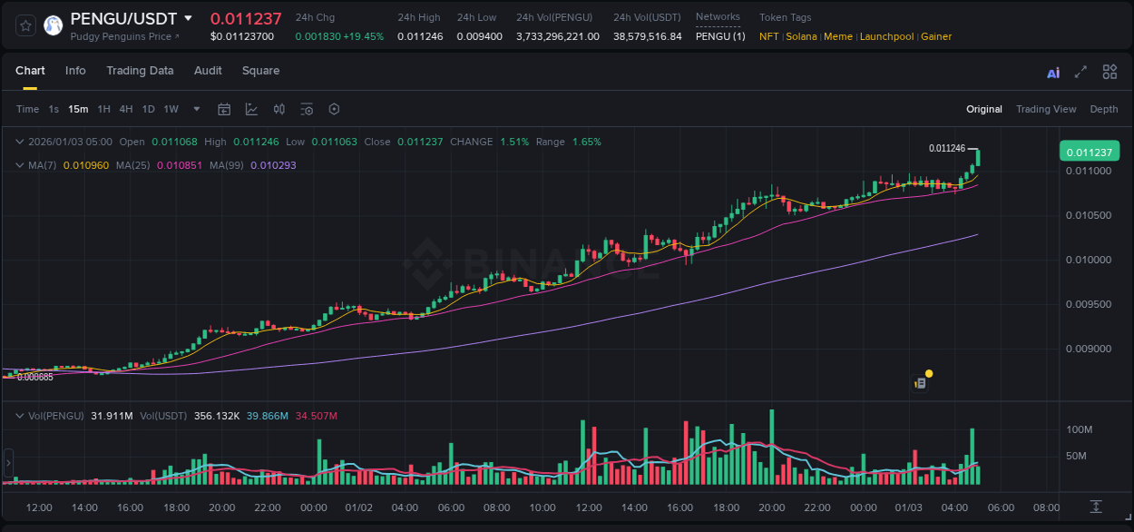 Market analysis: PENGU pump on Binance at 03 January 2026, 05:03