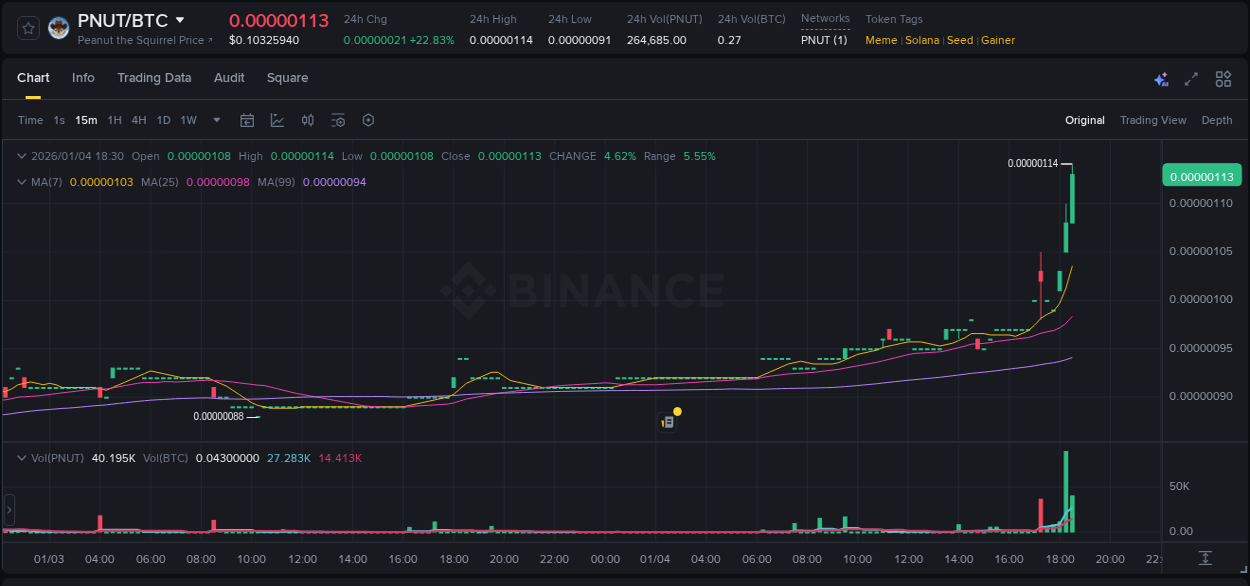 Crypto pump report: PNUT on Binance, 04 January 2026, 18:36
