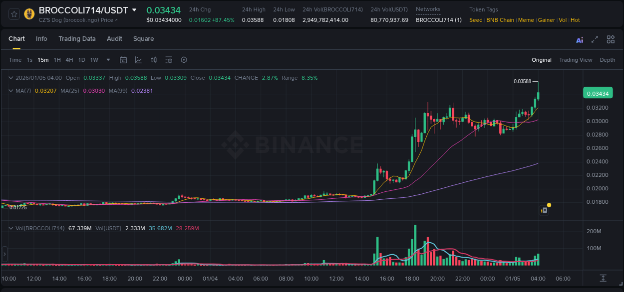 Market analysis: BROCCOLI714 pump on Binance at 05 January 2026, 04:01