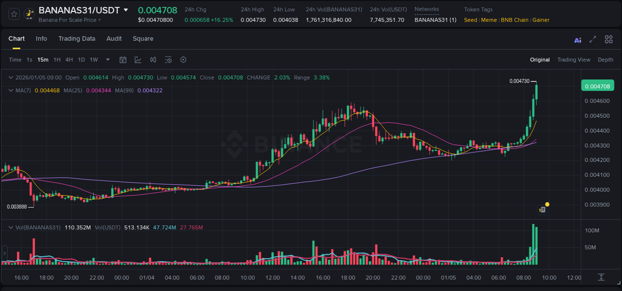 Crypto market update: BANANAS31 pump on Binance, 05 January 2026, 09:06