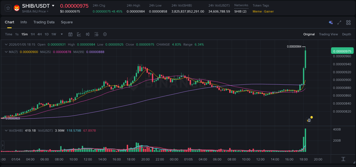 SHIB trading report showing pump trends on Binance, 05 January 2026, 18:25