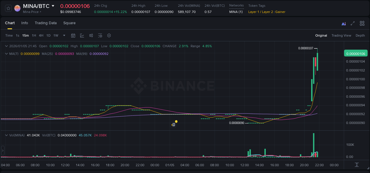 Detailed report of MINA's pump on Binance at 05 January 2026, 21:55