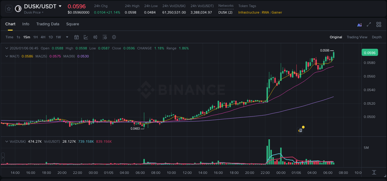 Real-time report of DUSK pump on Binance, 06 January 2026, 06:50 Real-time report of DUSK pump on Binance, 06 January 2026, 06:50