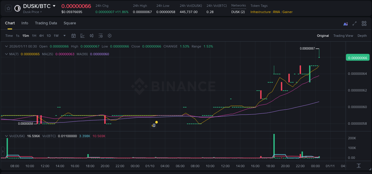 Binance trading report for DUSK pump, 11 January 2026, 00:35 Binance trading report for DUSK pump, 11 January 2026, 00:35
