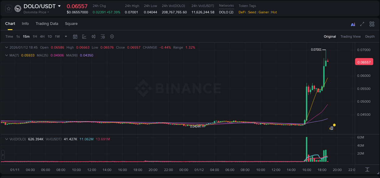 Market analysis: DOLO pump on Binance at 12 January 2026, 18:33