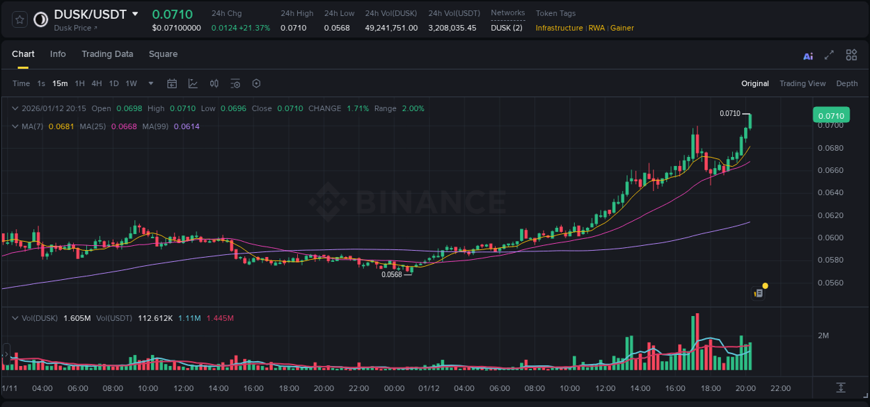 Crypto market update: DUSK pump on Binance, 12 January 2026, 20:16