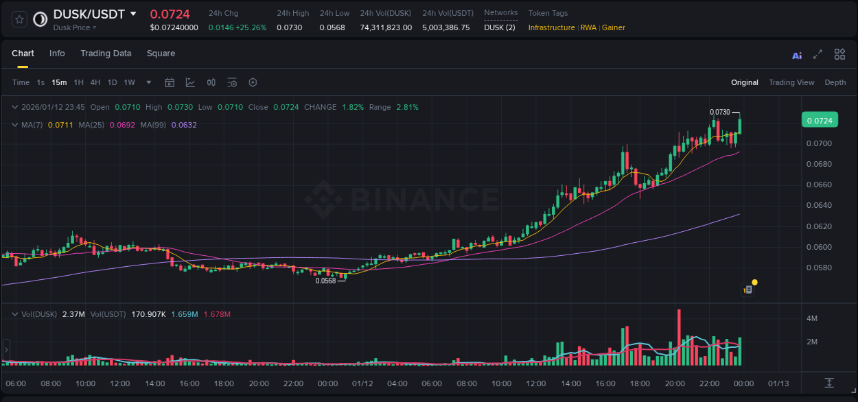 Real-time report of DUSK pump on Binance, 12 January 2026, 23:57