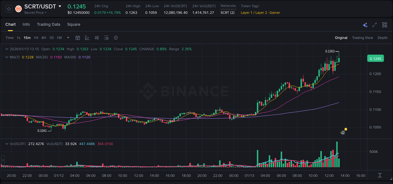 Real-time report of SCRT pump on Binance, 13 January 2026, 13:21