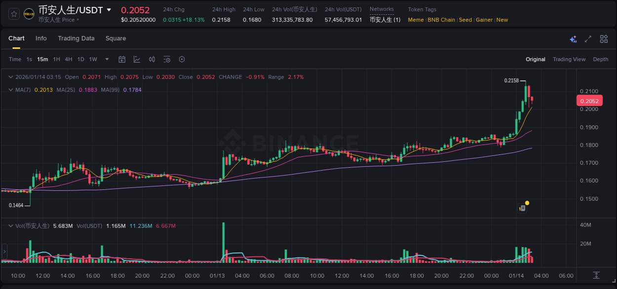 Real-time report of 币安人生 pump on Binance, 14 January 2026, 02:38 Real-time report of 币安人生 pump on Binance, 14 January 2026, 02:38