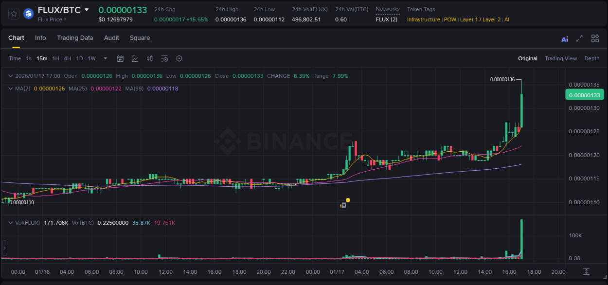 Crypto trading report: FLUX pump on Binance, 17 January 2026, 17:02