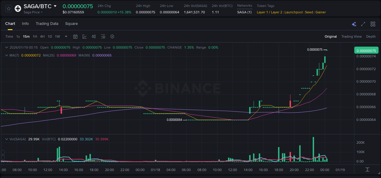 Crypto market update: SAGA pump on Binance, 19 January 2026, 00:23