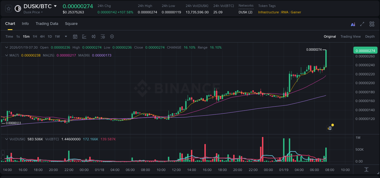 Crypto pump report: DUSK on Binance, 19 January 2026, 07:34