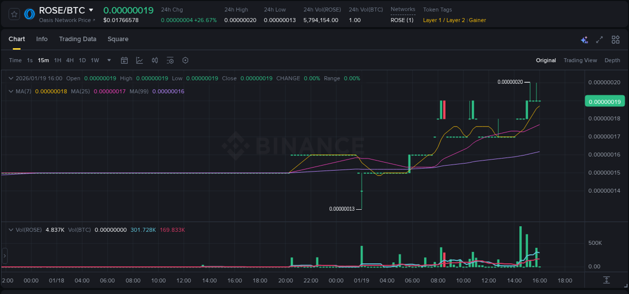 Detailed analysis of ROSE's price surge on Binance, 19 January 2026, 15:21