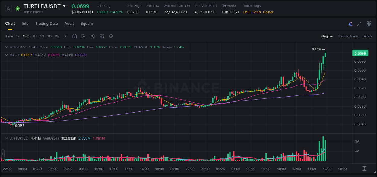See the trading data for TURTLE pump on Binance, 25 January 2026, 15:51 Trading data for TURTLE pump on Binance, 25 January 2026, 15:51