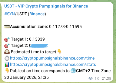 View the proof of SYN pump signal on Binance at 01 February 2026, 01:28 Proof of SYN pump signal on Binance at 01 February 2026, 01:28