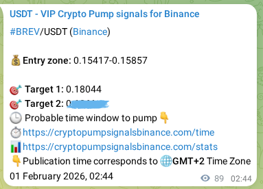 Crypto trading signal proof: BREV pump on Binance, 01 February 2026, 05:11 Crypto trading signal proof: BREV pump on Binance, 01 February 2026, 05:11