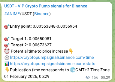 View the signal proof for ANIME pump on Binance at 01 February 2026, 09:04 Signal proof for ANIME pump on Binance at 01 February 2026, 09:04