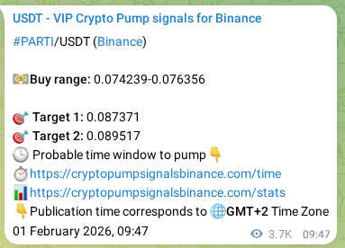Binance pump signal proof for PARTI on 05 February 2026, 16:41