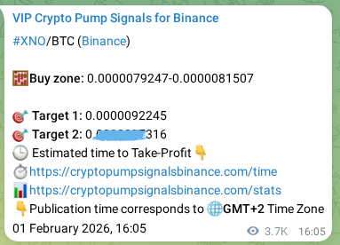 Crypto pump signal proof: XNO on Binance, 05 February 2026, 21:40