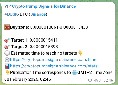 Binance pump signal proof for DUSK on 08 February 2026, 16:28
